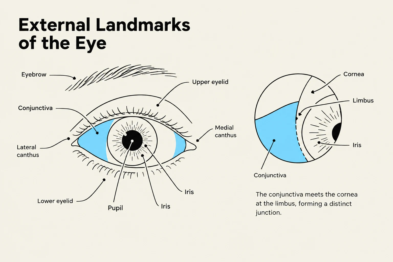 Diagram illustrating the external landmarks of the eye, including the eyebrow, conjunctiva, cornea, limbus, iris, pupil, and eyelids.