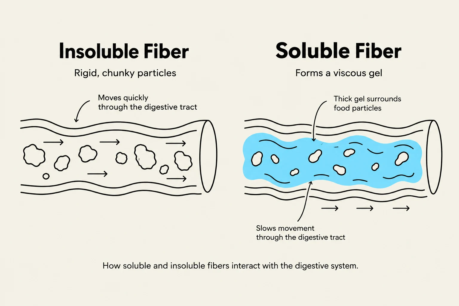 This diagram illustrates the contrasting effects of insoluble and soluble fiber on the digestive system. Insoluble fiber, described as rigid, chunky particles, moves quickly through the digestive tract. Soluble fiber, on the other hand, forms a viscous gel that surrounds food particles and slows movement through the digestive tract.