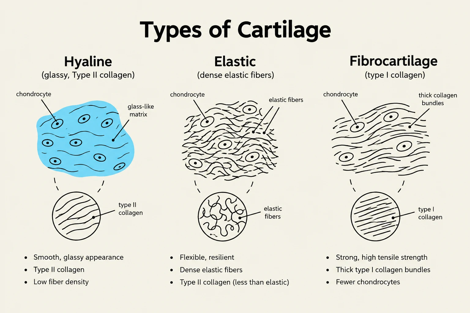 Diagram illustrating the three main types of cartilage: hyaline, elastic, and fibrocartilage, detailing their microscopic structures and key characteristics.