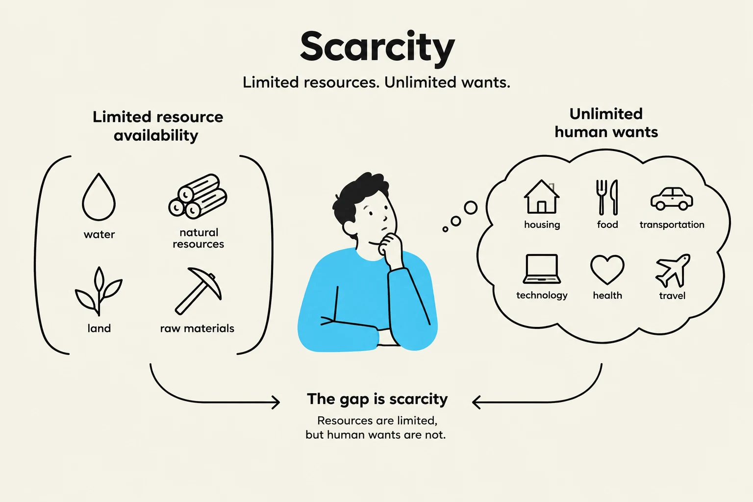 This diagram illustrates the economic concept of scarcity, where limited resources are contrasted with unlimited human wants, leading to the gap that defines scarcity.
