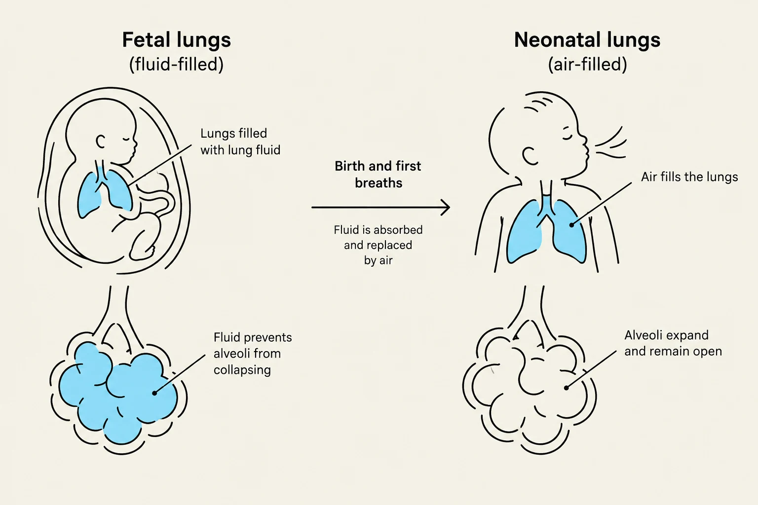Diagram illustrating the difference between fetal lungs filled with fluid and neonatal lungs filled with air after birth and first breaths.