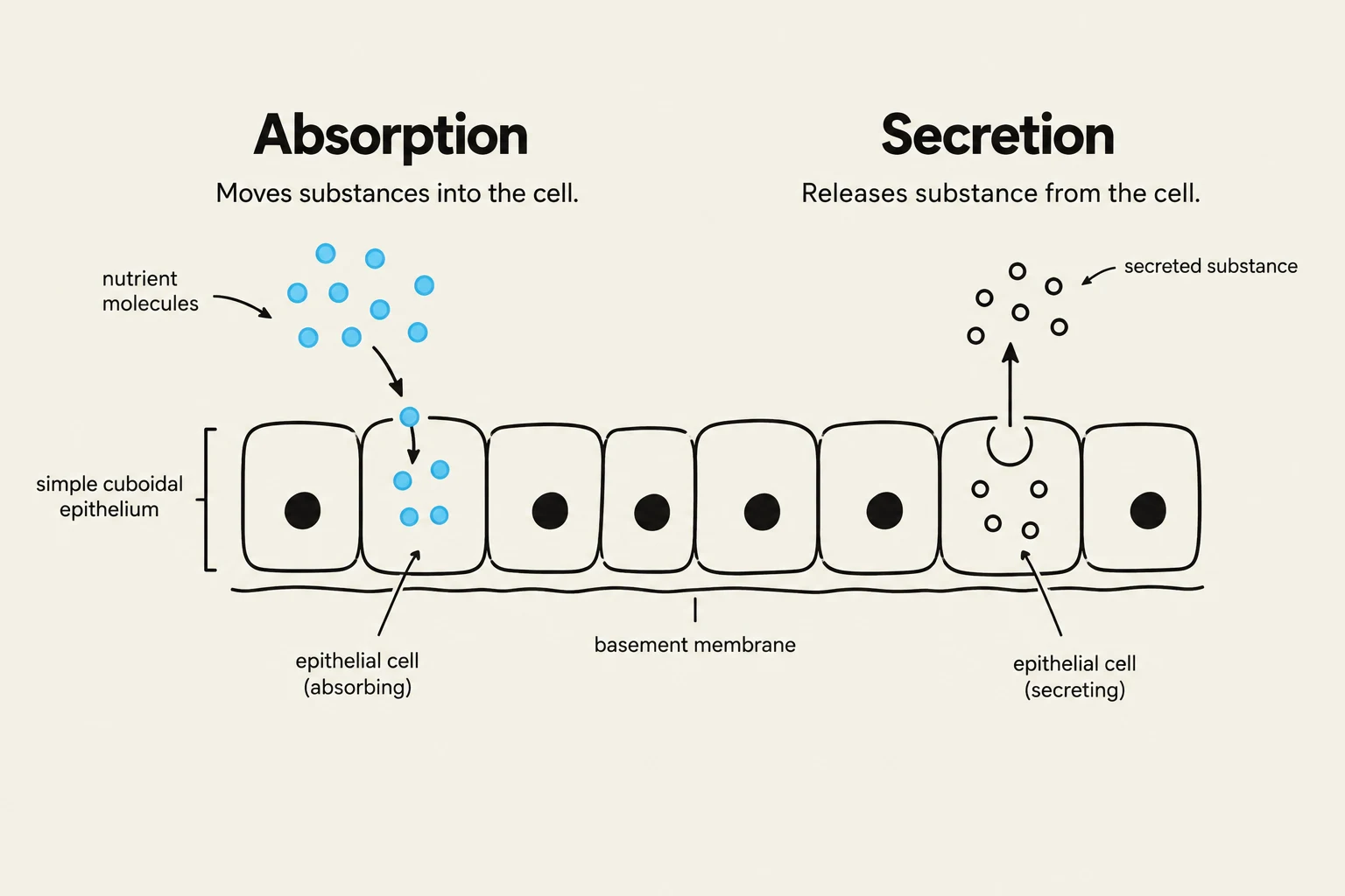 Diagram illustrating the biological processes of absorption and secretion in simple cuboidal epithelium.
