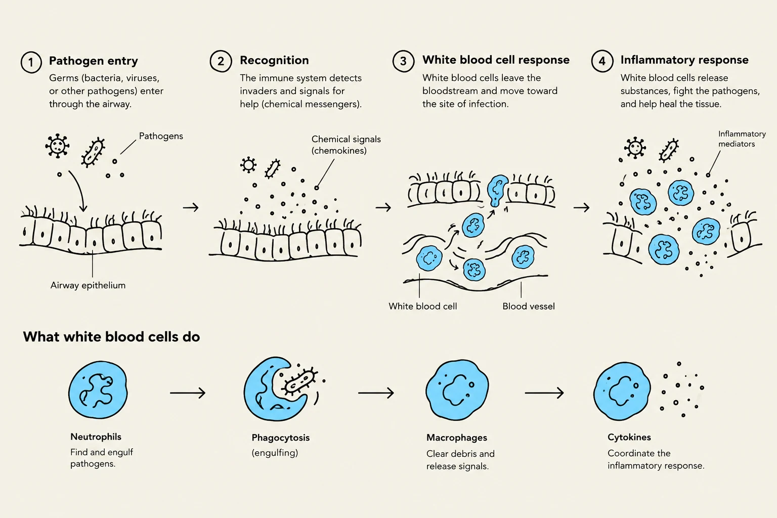 This diagram illustrates the process of pathogen entry into the airway, the immune system's recognition of invaders, the white blood cell response, and the subsequent inflammatory response. It also details the functions of neutrophils, phagocytosis, macrophages, and cytokines in the immune system's defense.
