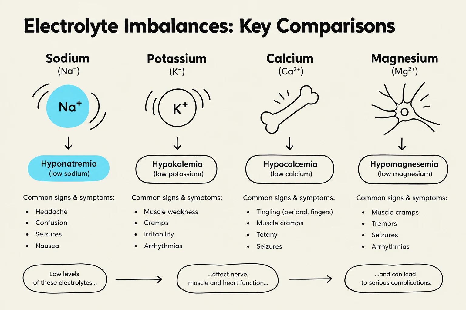 This chart compares electrolyte imbalances, specifically low levels of sodium, potassium, calcium, and magnesium, detailing their common signs and symptoms and their impact on nerve, muscle, and heart function.