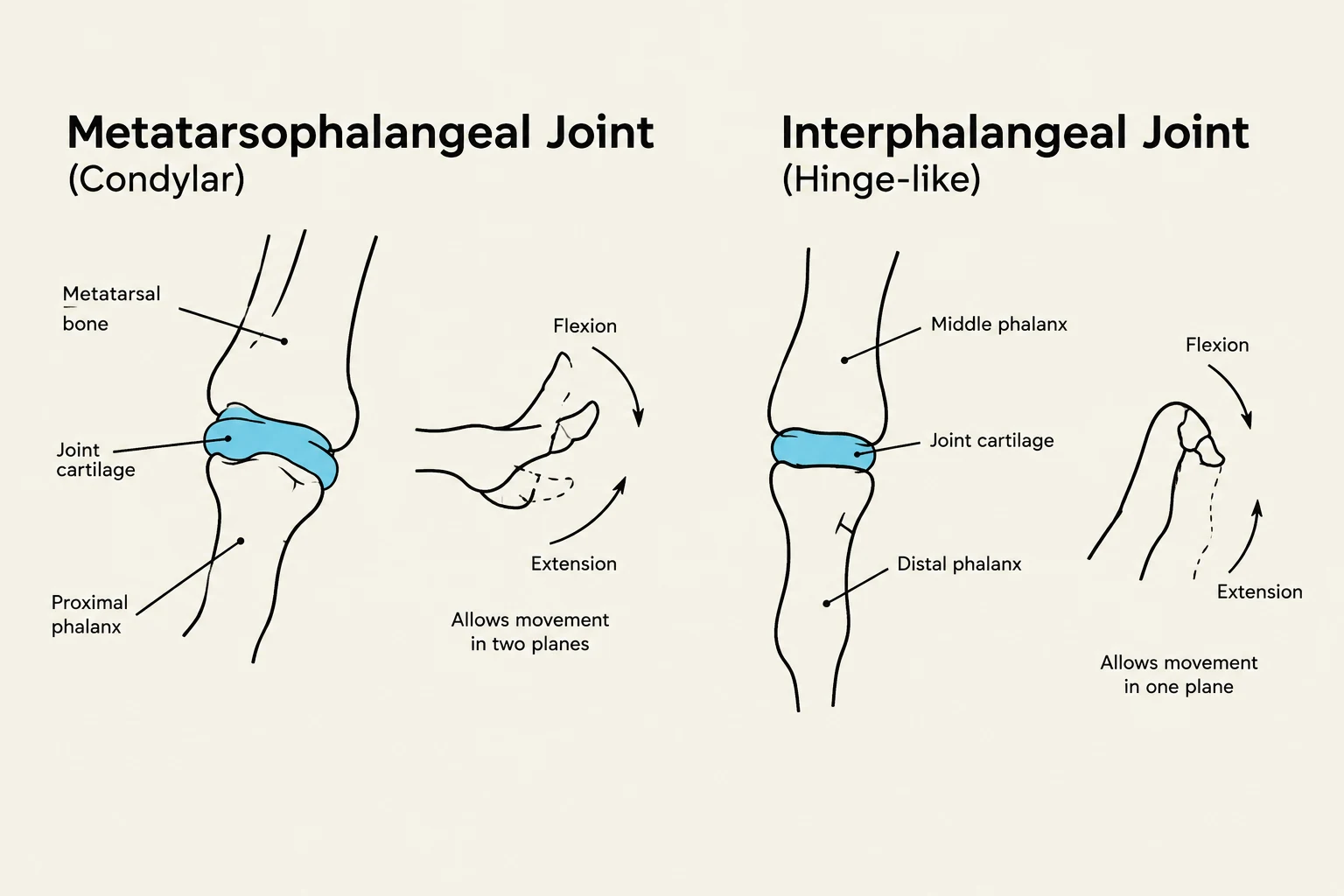 Diagrams illustrating the Metatarsophalangeal Joint (Condylar) and the Interphalangeal Joint (Hinge-like), showing bone structure, joint cartilage, and movement planes.