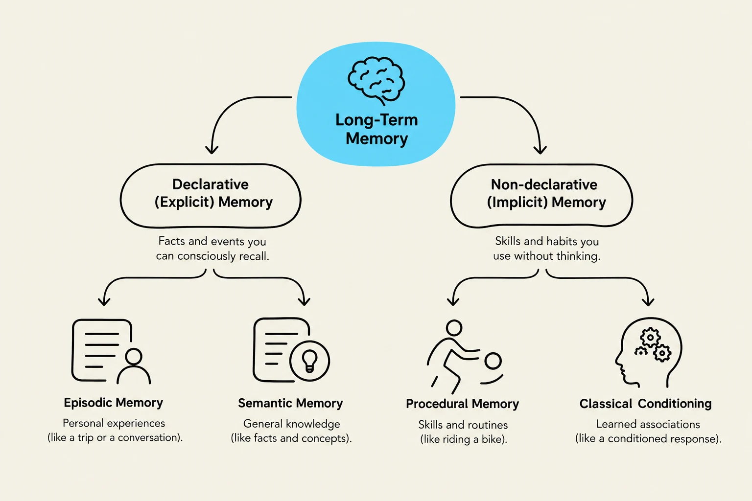 This diagram illustrates the two main types of long-term memory: declarative (explicit) and non-declarative (implicit), along with their subcategories and examples.