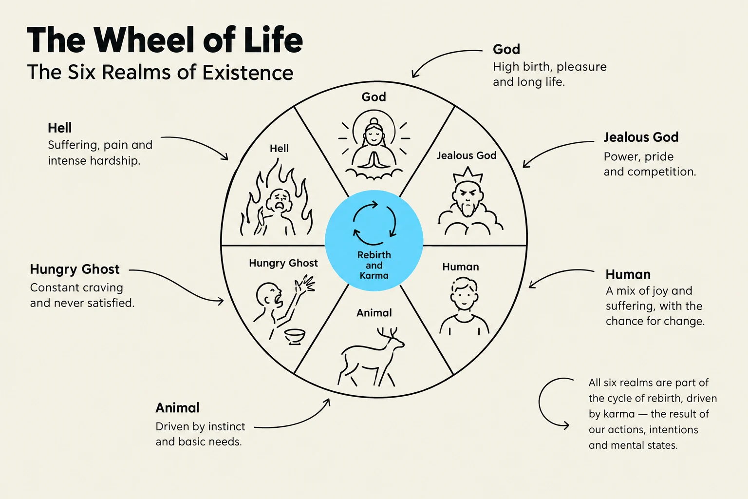 The Wheel of Life illustrates the Six Realms of Existence in Buddhism: God, Jealous God, Human, Animal, Hungry Ghost, and Hell, all driven by rebirth and karma.