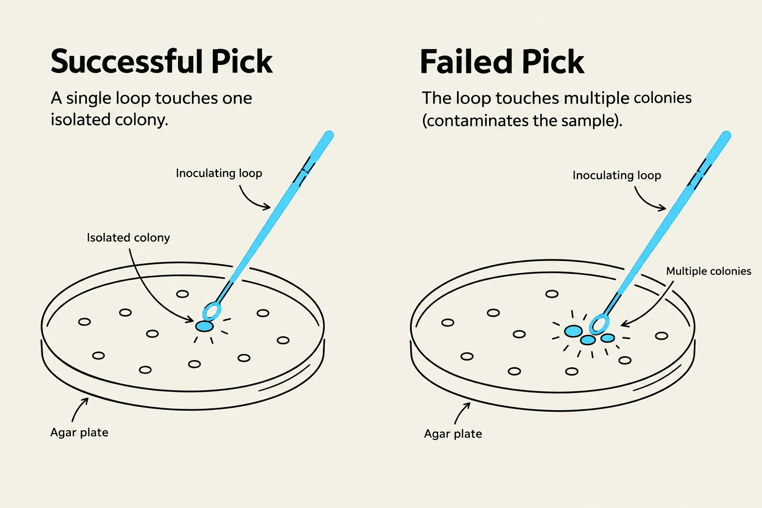 Diagram illustrating the difference between a successful and failed pick of microbial colonies from an agar plate using an inoculating loop.
