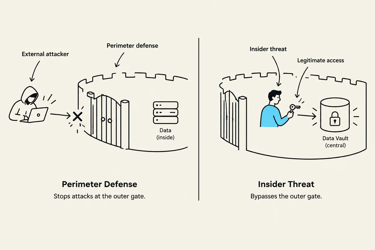 This diagram illustrates two types of security threats: perimeter defense against external attackers and insider threats that bypass outer gates to access data vaults.