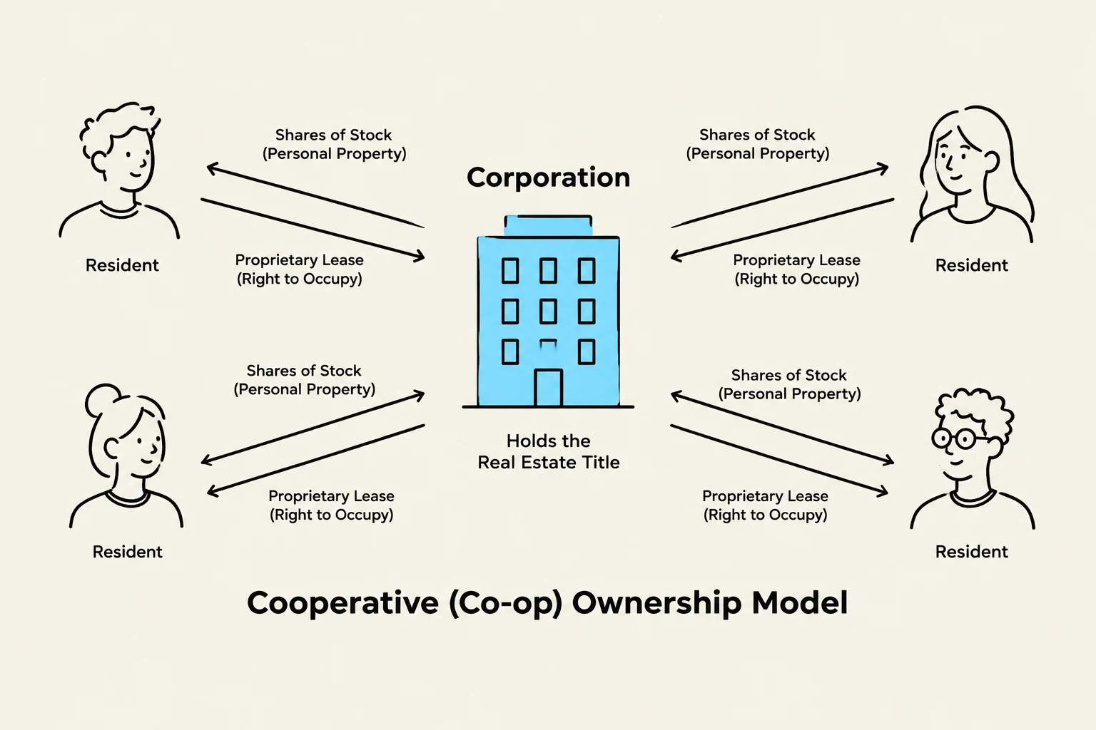 Diagram illustrating the Cooperative (Co-op) Ownership Model, where a corporation holds the real estate title and residents own shares of stock and a proprietary lease granting the right to occupy.
