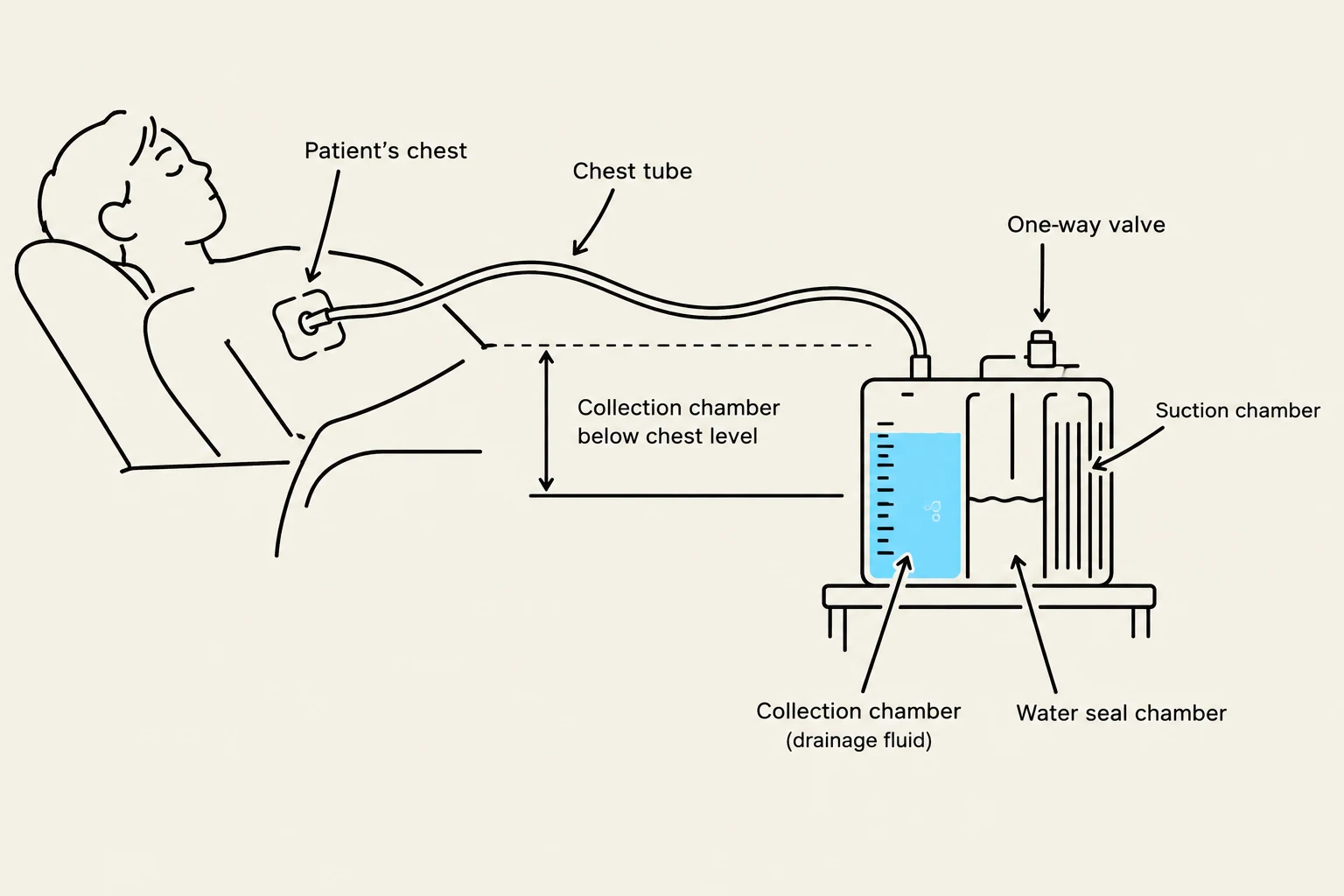 Diagram illustrating a chest tube drainage system, showing the connection to the patient's chest, a collection chamber below chest level, a water seal chamber, and a suction chamber with a one-way valve.
