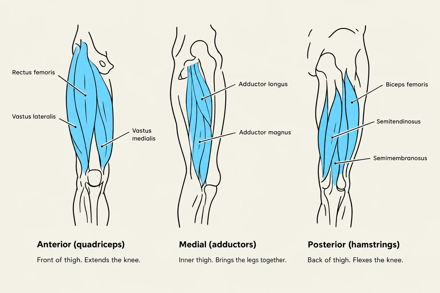 Diagrams illustrating the anterior (quadriceps), medial (adductors), and posterior (hamstrings) muscles of the thigh, with labels and brief functional descriptions.