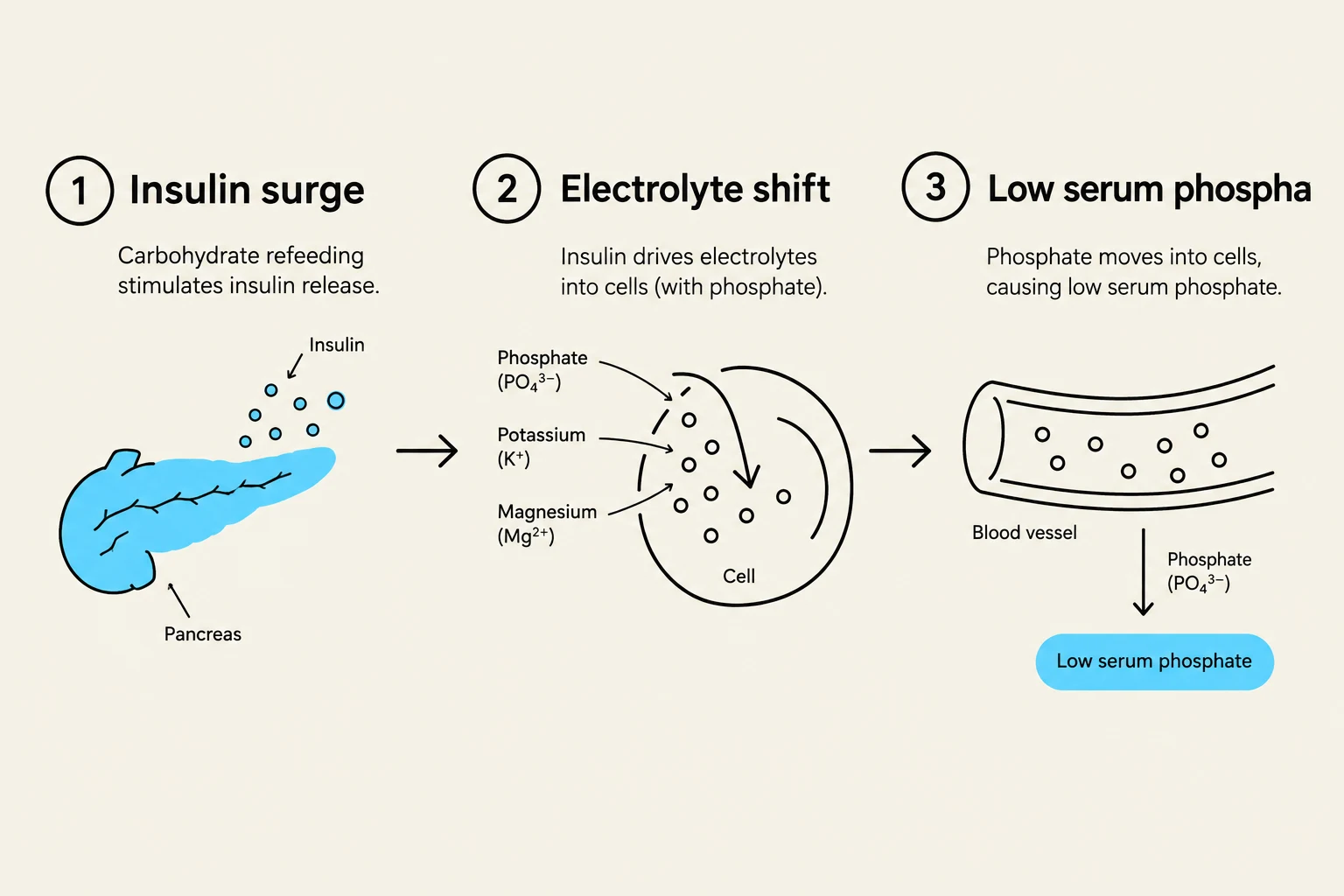 This diagram illustrates the physiological process of insulin surge leading to electrolyte shift and low serum phosphate. It shows the pancreas releasing insulin, which then drives electrolytes like phosphate, potassium, and magnesium into cells, resulting in a decrease of phosphate levels in the blood.