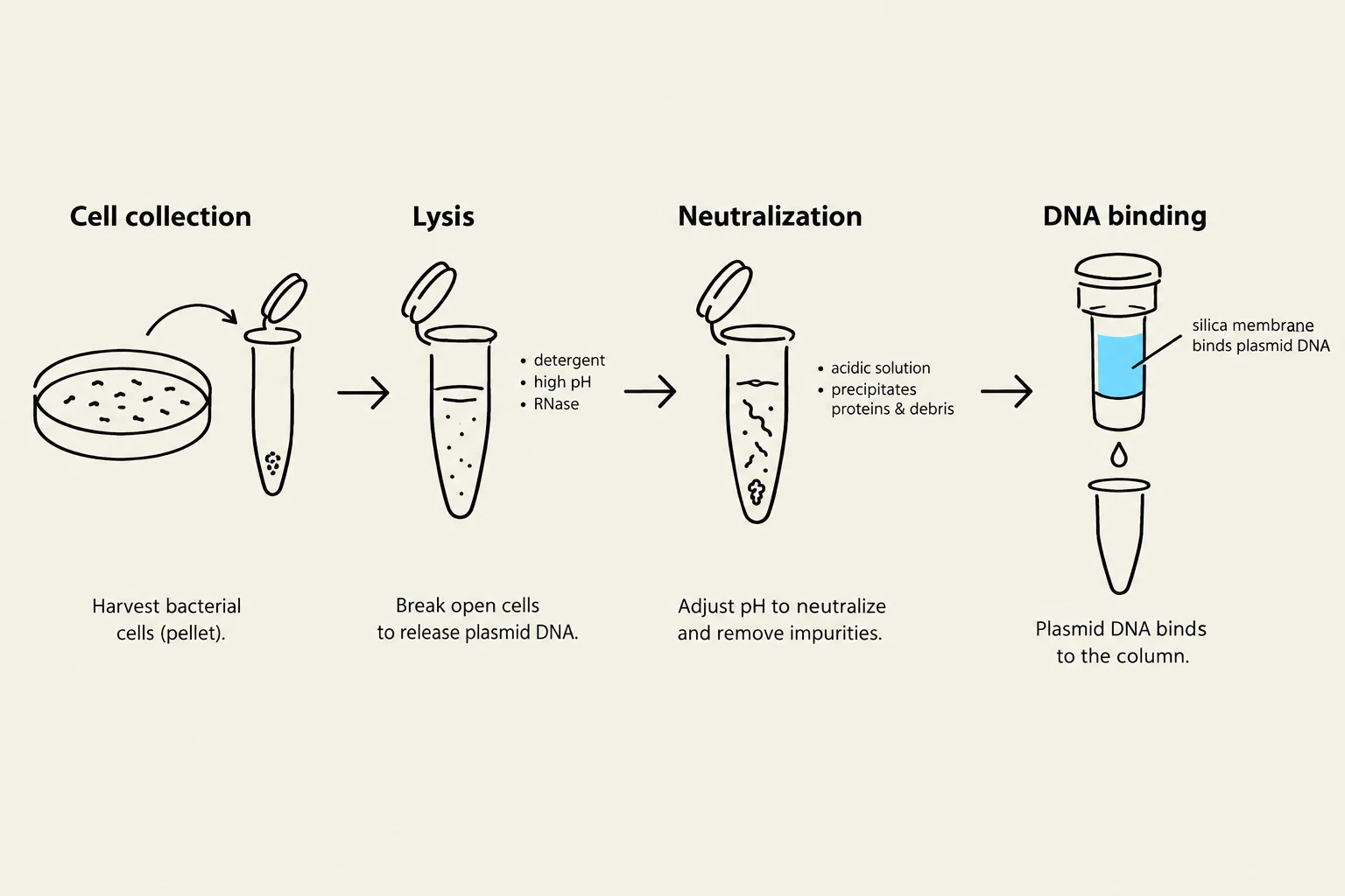Diagram illustrating the steps of plasmid DNA extraction: cell collection, lysis, neutralization, and DNA binding to a silica membrane column.