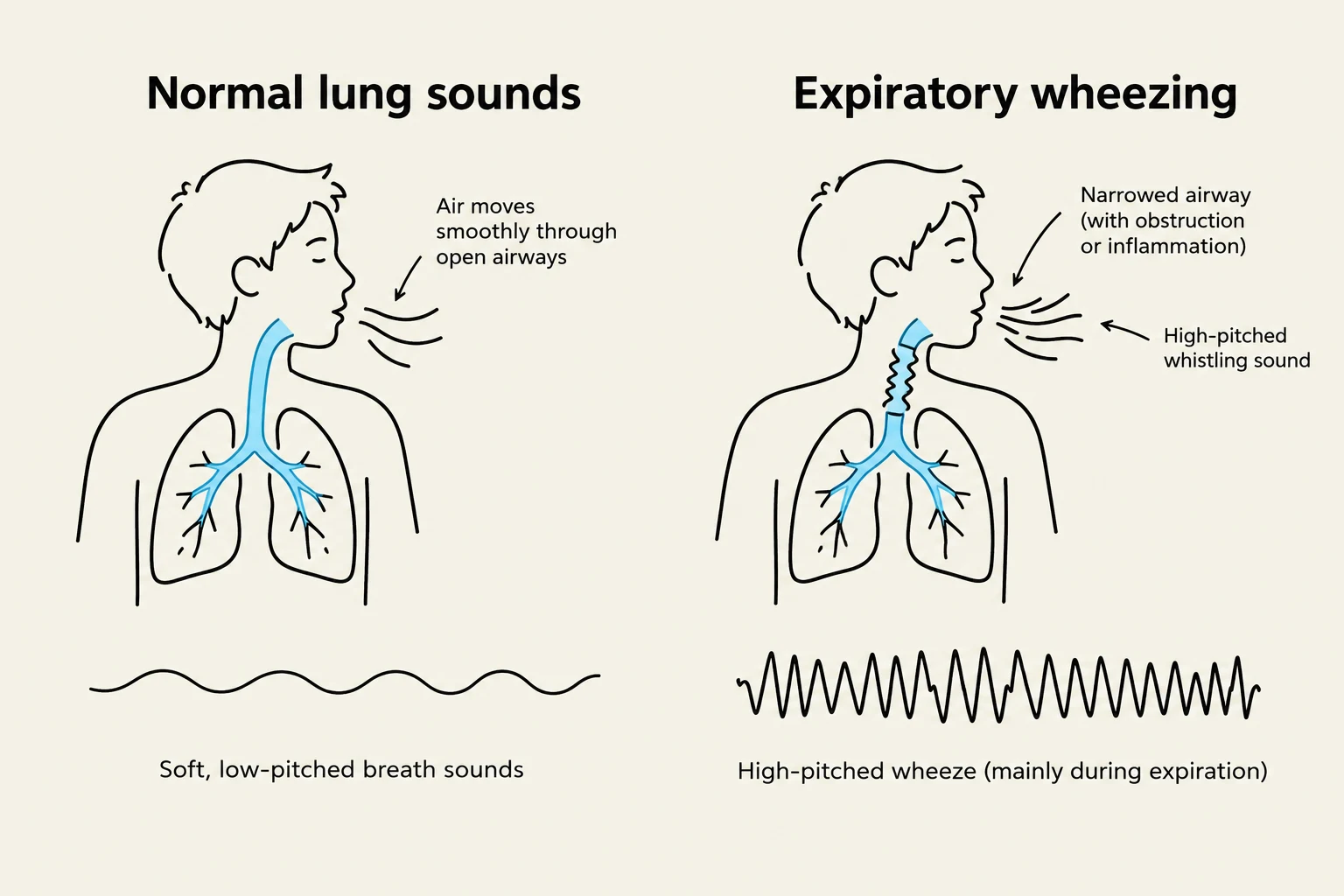 Diagrams illustrating normal lung sounds and expiratory wheezing, showing airflow through airways and corresponding sound wave representations.