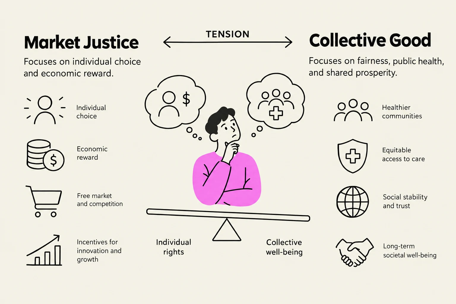 This illustration depicts the tension between Market Justice, which emphasizes individual choice and economic reward, and Collective Good, which focuses on fairness, public health, and shared prosperity. It visually represents concepts like individual rights versus collective well-being.