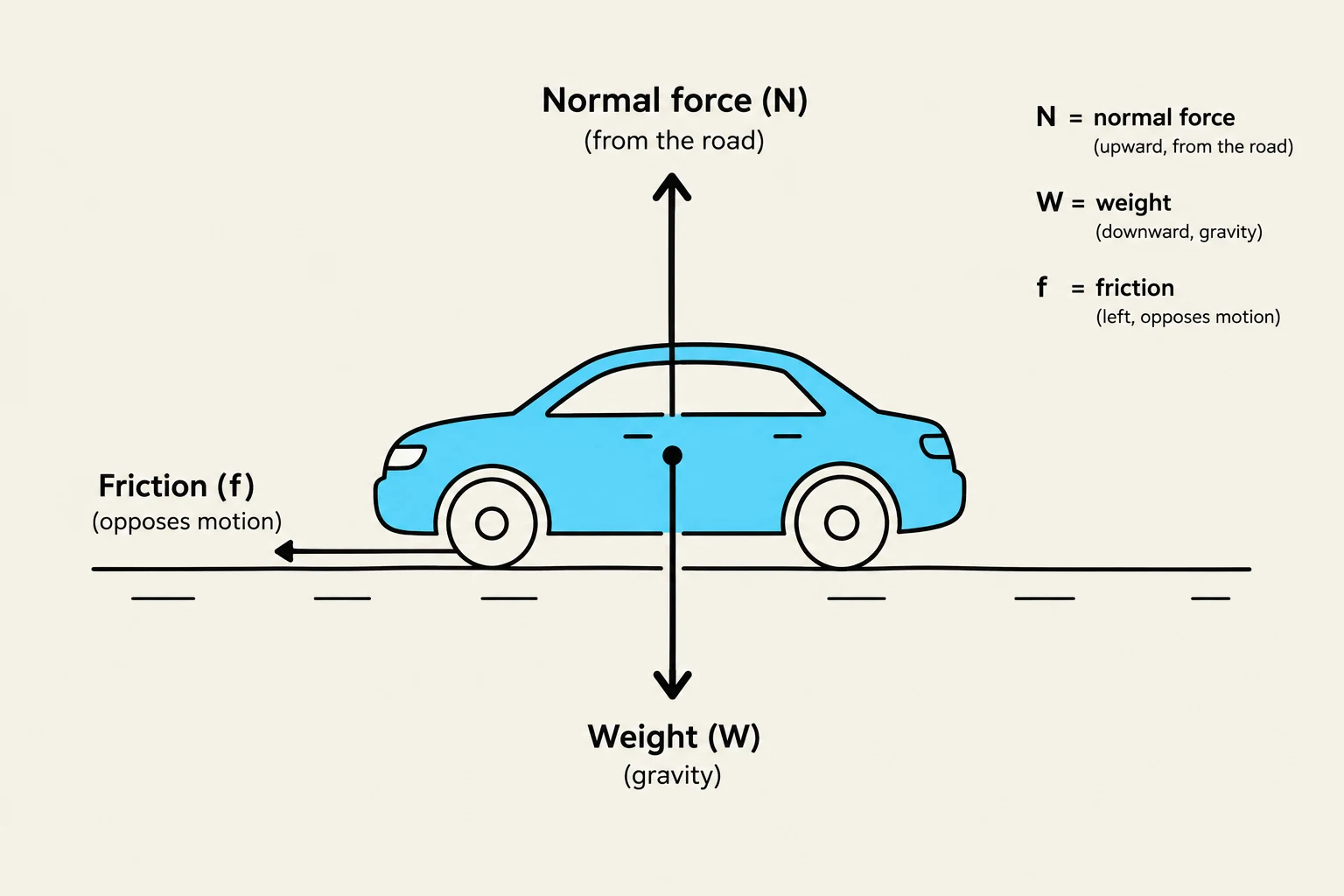 Diagram illustrating the forces acting on a car, including normal force, weight, and friction.