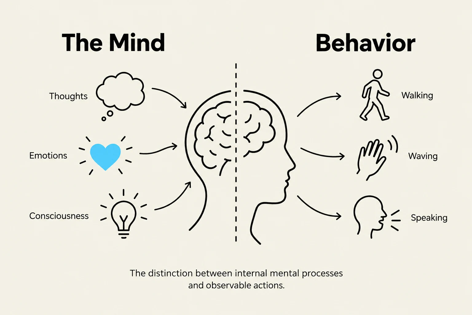 This diagram illustrates the relationship between internal mental processes such as thoughts, emotions, and consciousness, and observable behaviors like walking, waving, and speaking.