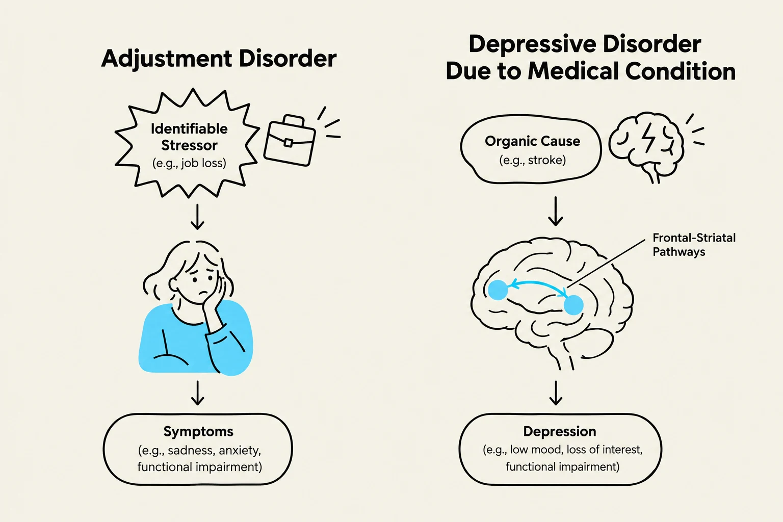 This illustration contrasts Adjustment Disorder, triggered by an identifiable stressor, with Depressive Disorder Due to a Medical Condition, which involves organic causes affecting brain pathways.