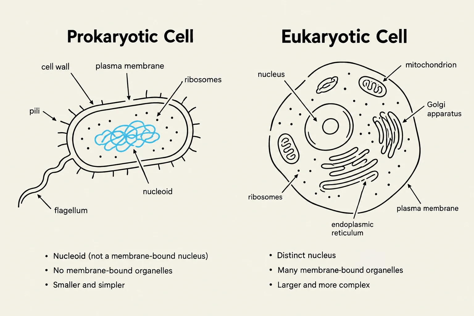 Diagrams illustrating the differences between prokaryotic and eukaryotic cells, highlighting key organelles and structures.