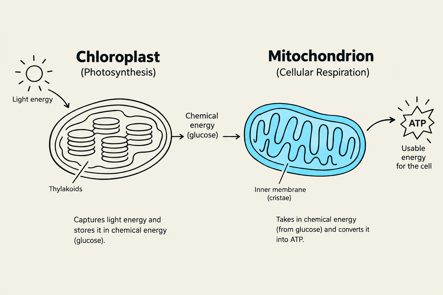 Diagram illustrating the processes of photosynthesis in chloroplasts and cellular respiration in mitochondria, showing the conversion of light energy to chemical energy (glucose) and then to usable cellular energy (ATP).