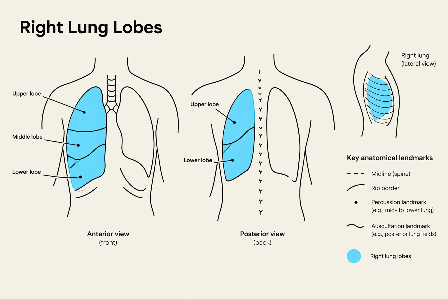 Diagrams illustrating the anterior, posterior, and lateral views of the right lung lobes, along with key anatomical landmarks.