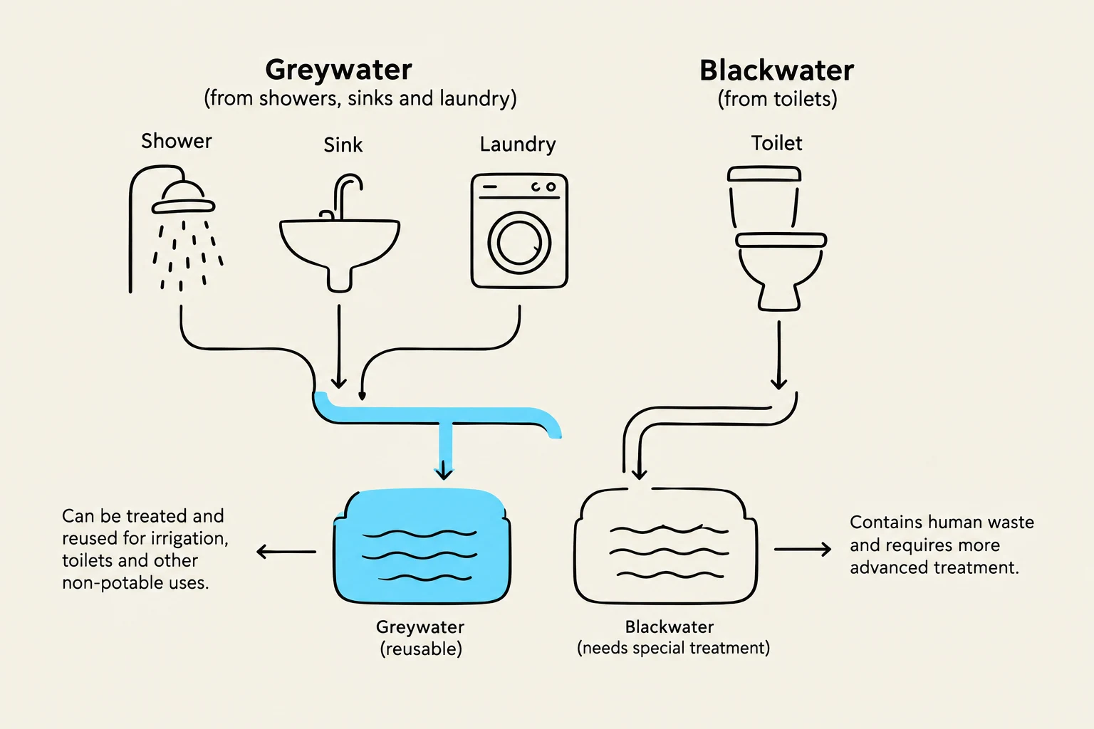 This diagram illustrates the difference between greywater and blackwater, showing their sources and treatment processes.