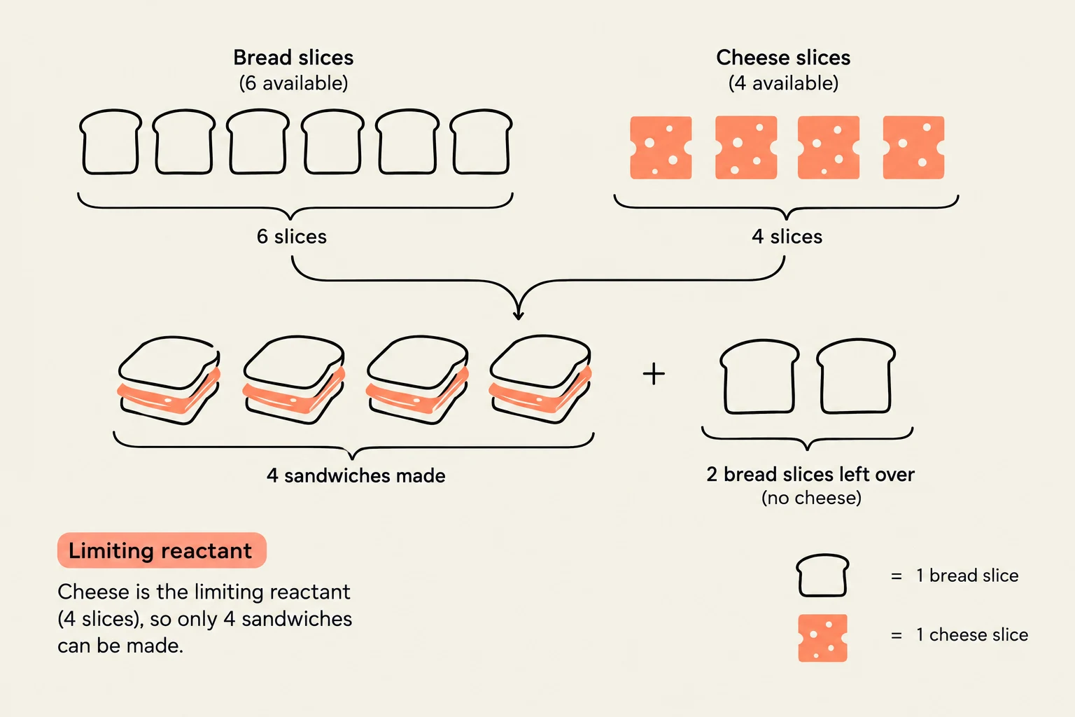 This diagram illustrates the concept of a limiting reactant in a simple chemical reaction, using the example of making sandwiches. It shows that with 6 slices of bread and 4 slices of cheese, only 4 sandwiches can be made because the cheese is the limiting reactant.