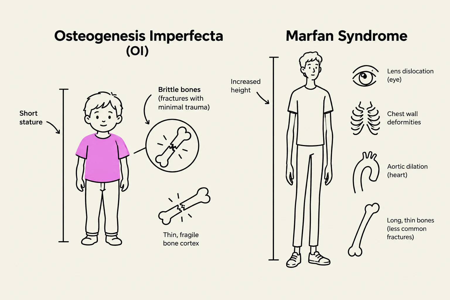 This illustration compares Osteogenesis Imperfecta (OI) and Marfan Syndrome, highlighting key physical characteristics and associated medical conditions for each.