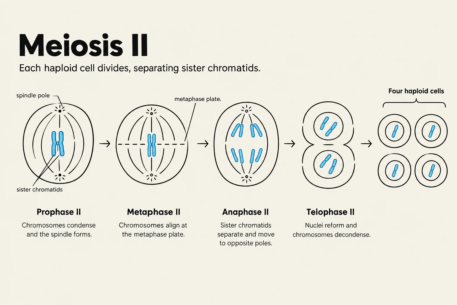 Diagram illustrating the stages of Meiosis II: Prophase II, Metaphase II, Anaphase II, and Telophase II, showing the separation of sister chromatids and the formation of four haploid cells.