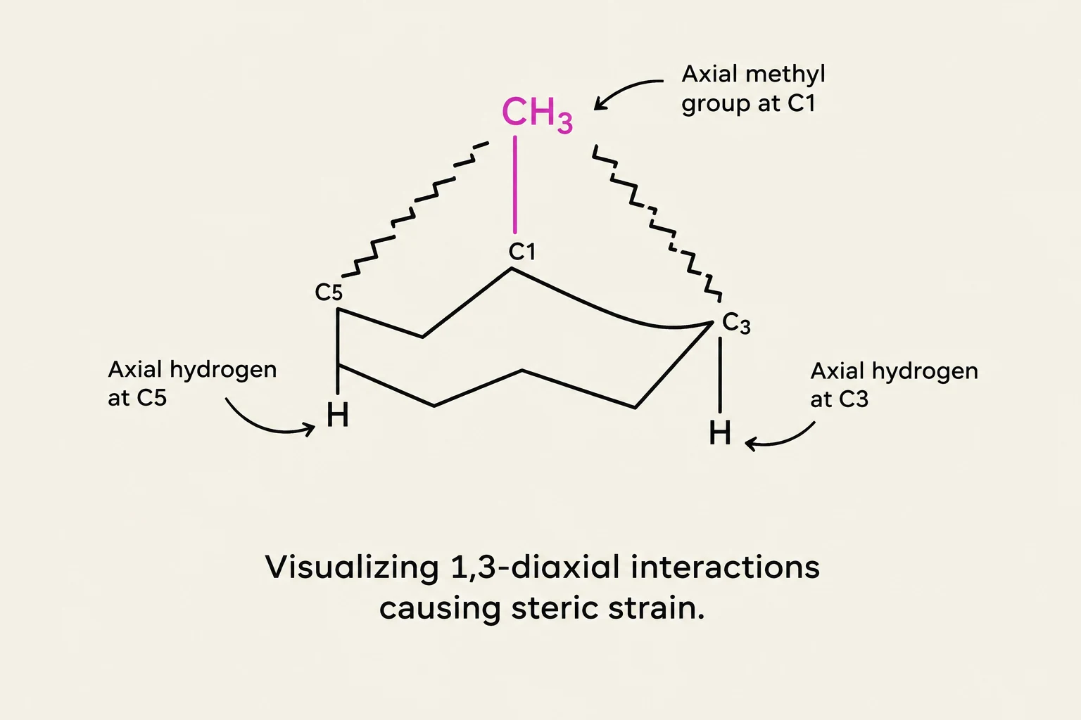 A diagram illustrating 1,3-diaxial interactions in a cyclohexane ring, showing an axial methyl group at C1 and axial hydrogens at C3 and C5, which contribute to steric strain.