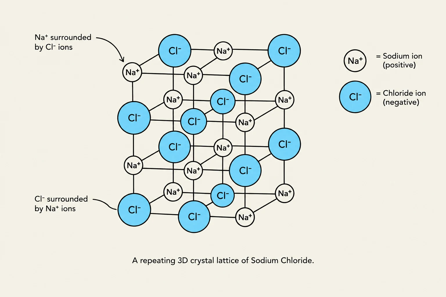 A repeating 3D crystal lattice of Sodium Chloride, showing the arrangement of sodium (Na+) and chloride (Cl-) ions.