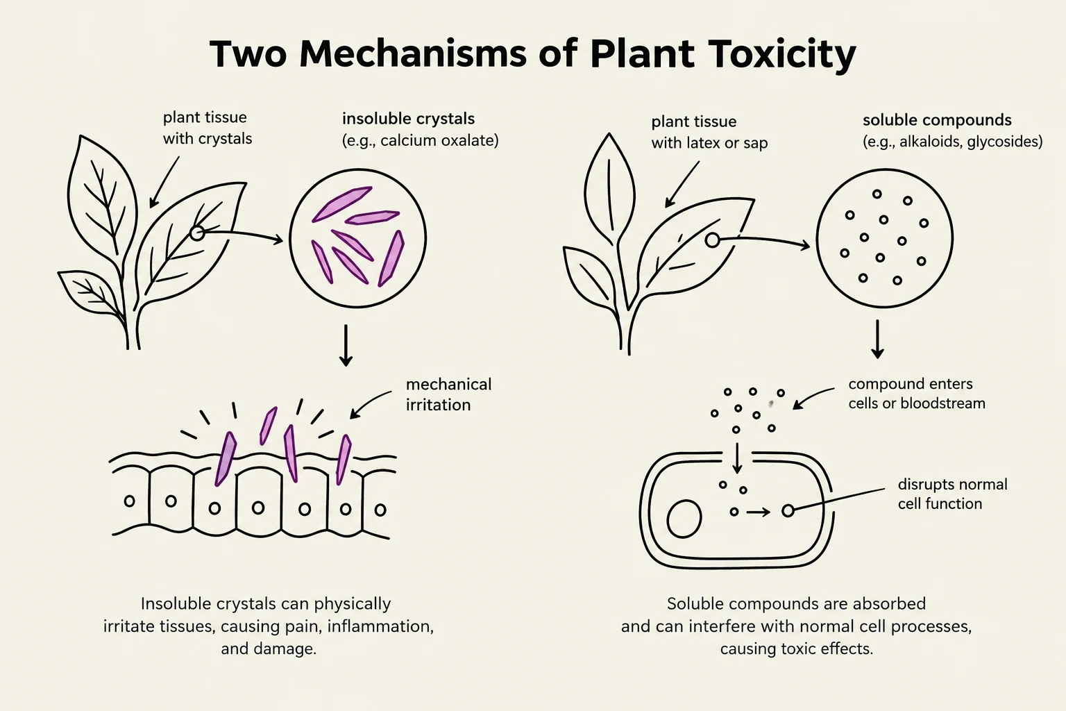 This diagram illustrates two mechanisms of plant toxicity: mechanical irritation from insoluble crystals like calcium oxalate, and toxic effects from soluble compounds such as alkaloids and glycosides that disrupt normal cell function.