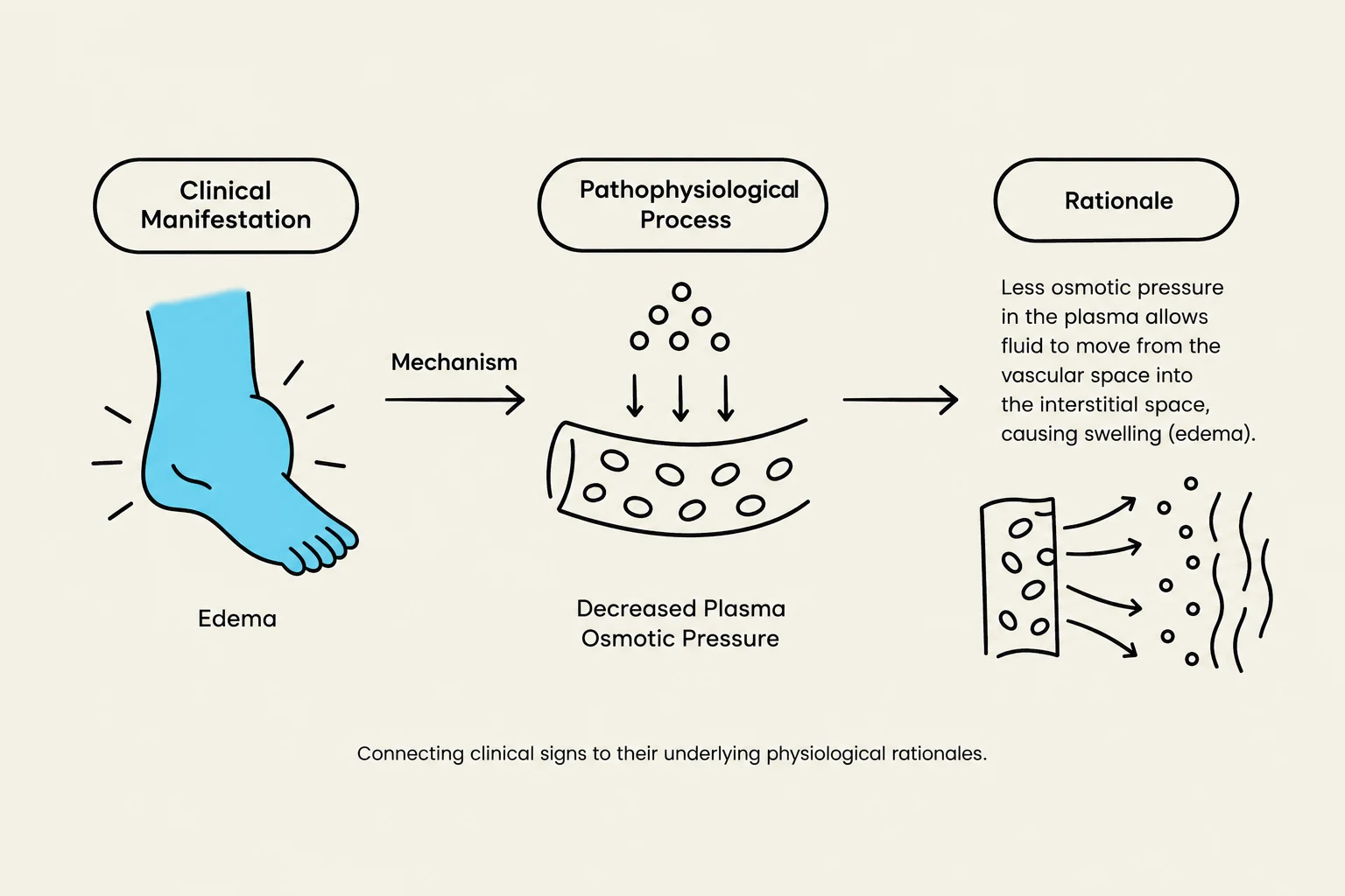 This diagram illustrates the pathophysiological process of edema, showing how decreased plasma osmotic pressure leads to fluid shifting from the vascular space to the interstitial space, causing swelling.