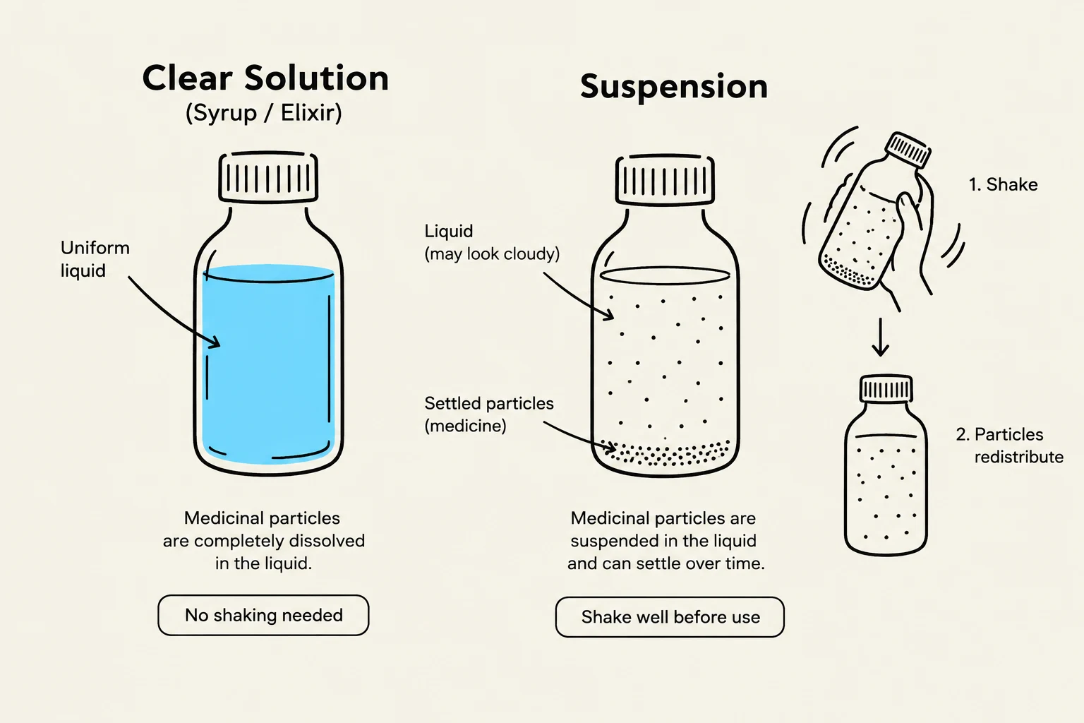 This illustration compares a clear solution, where medicinal particles are fully dissolved, with a suspension, where particles are suspended and may settle over time, requiring shaking before use.