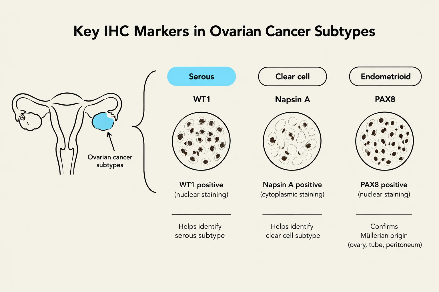 This diagram illustrates key immunohistochemical (IHC) markers used to differentiate subtypes of ovarian cancer, including Serous, Clear cell, and Endometrioid types. It shows representative staining patterns for WT1, Napsin A, and PAX8, and explains their diagnostic significance.