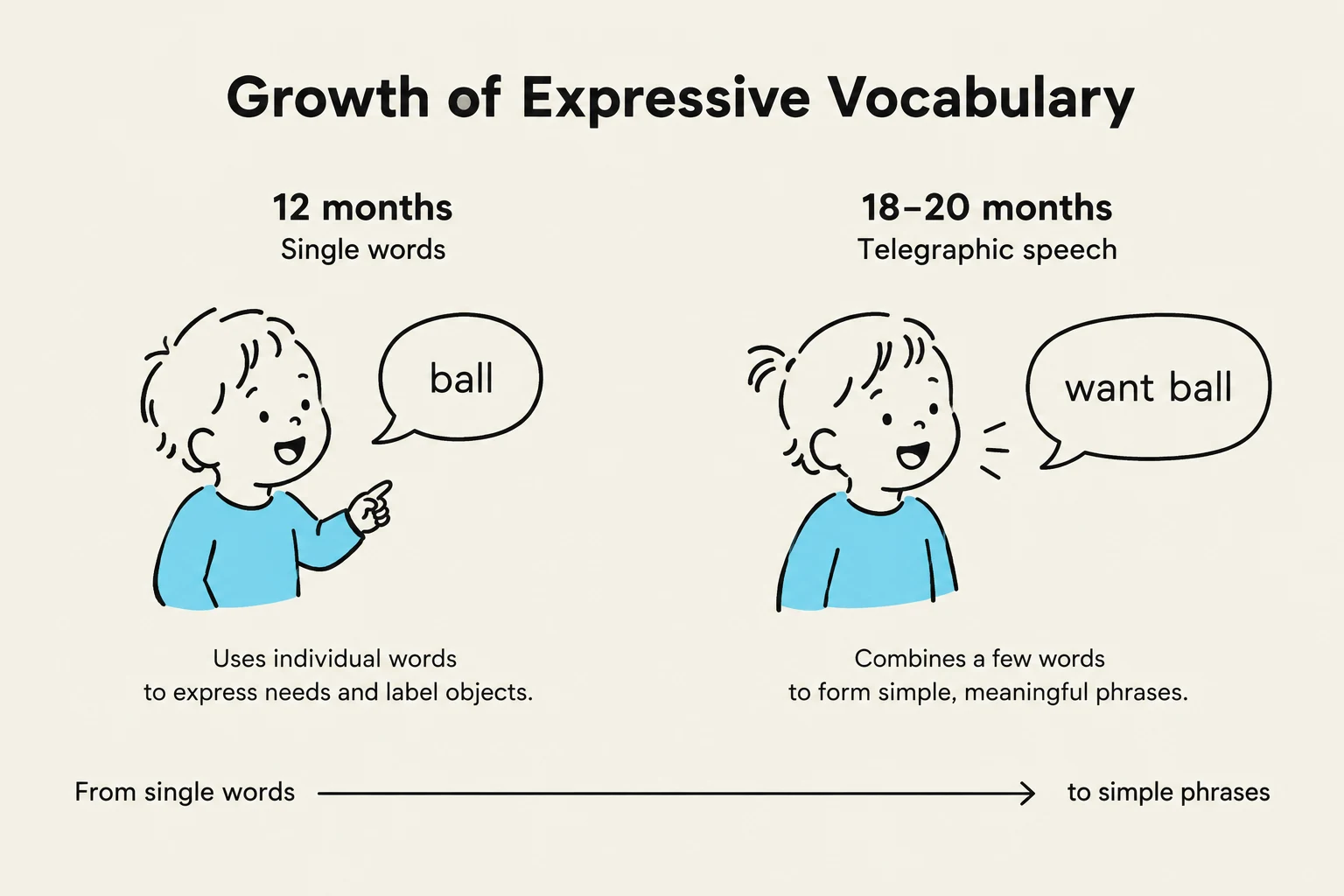 This illustration depicts the growth of expressive vocabulary in children, showing the progression from single words at 12 months to simple phrases by 18-20 months.