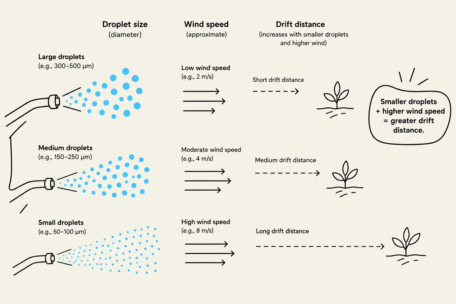 This diagram illustrates how droplet size and wind speed affect drift distance. Smaller droplets and higher wind speeds result in greater drift distances, as shown by the increasing distance from the spray source to the plant with increased wind speed and smaller droplet sizes.