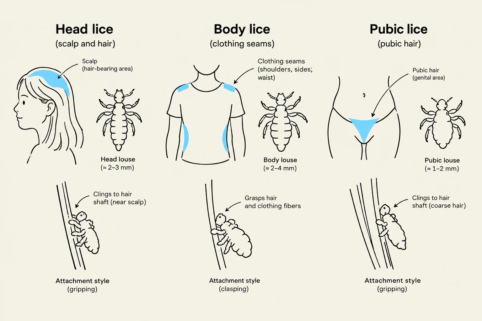 This illustration shows the different types of lice: head lice, body lice, and pubic lice, including their typical locations on the body and attachment styles.