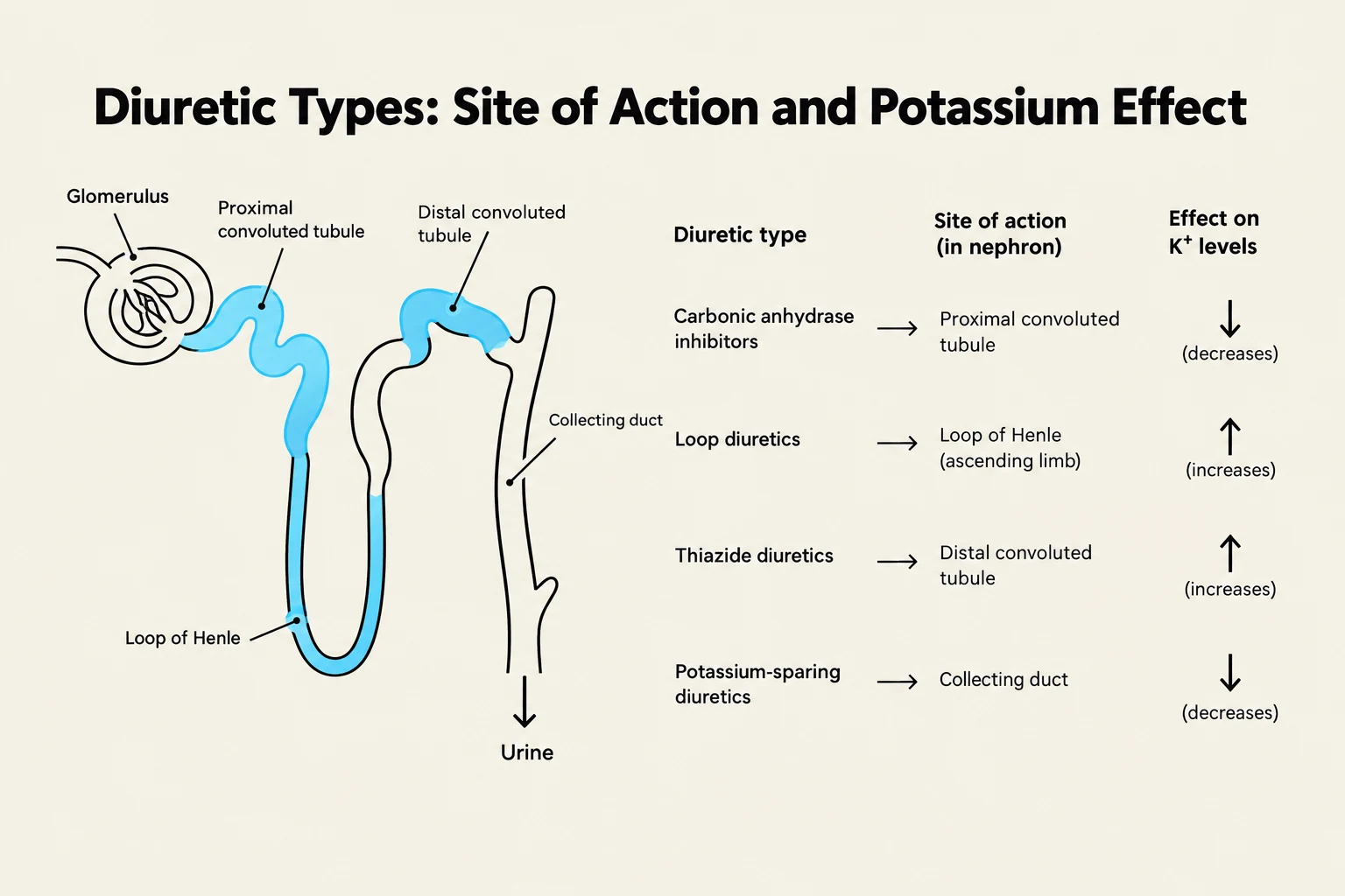 This diagram illustrates different types of diuretics, their sites of action within the nephron, and their effects on potassium levels.