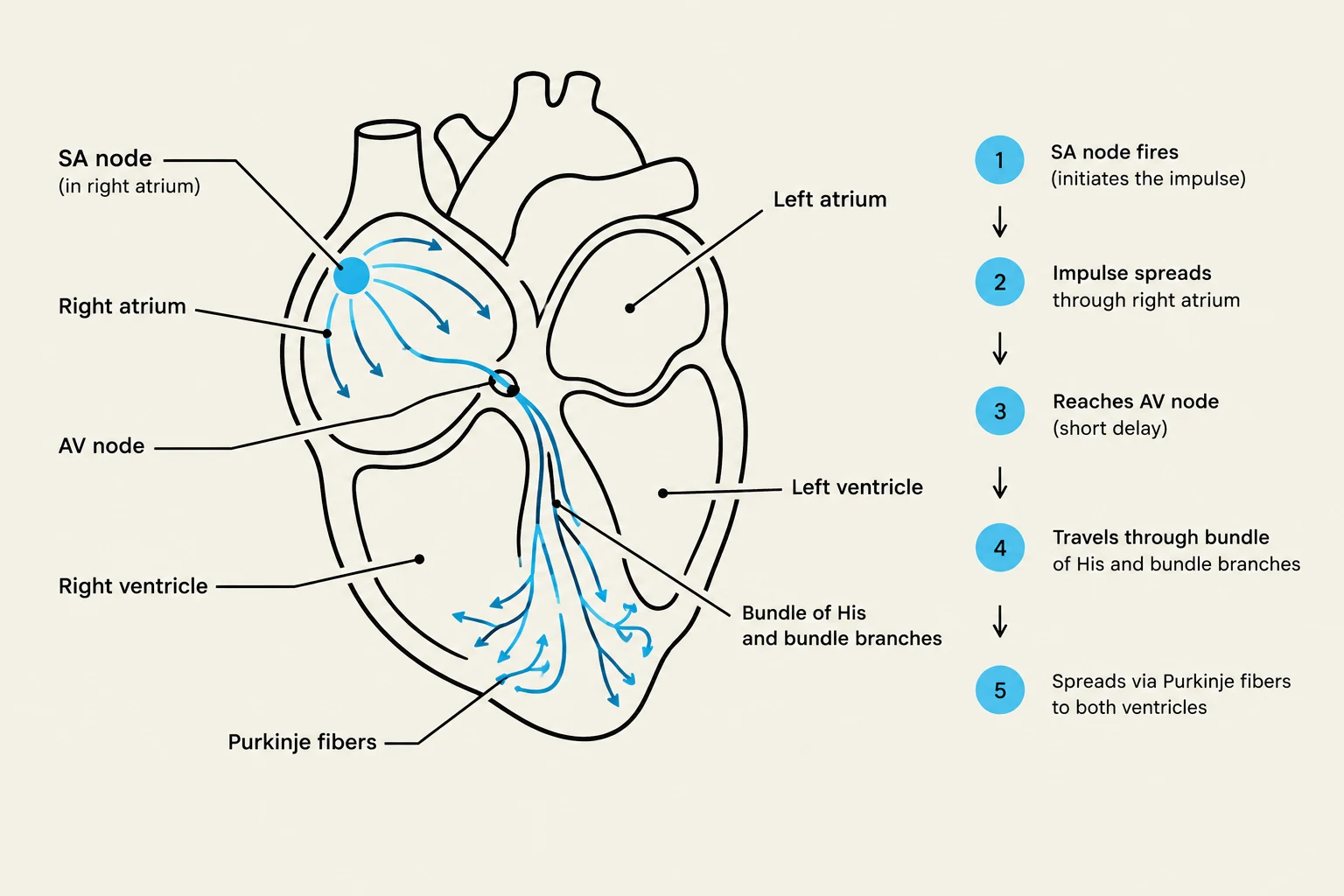 Diagram illustrating the electrical conduction pathway of the heart, including the SA node, AV node, bundle of His, and Purkinje fibers.