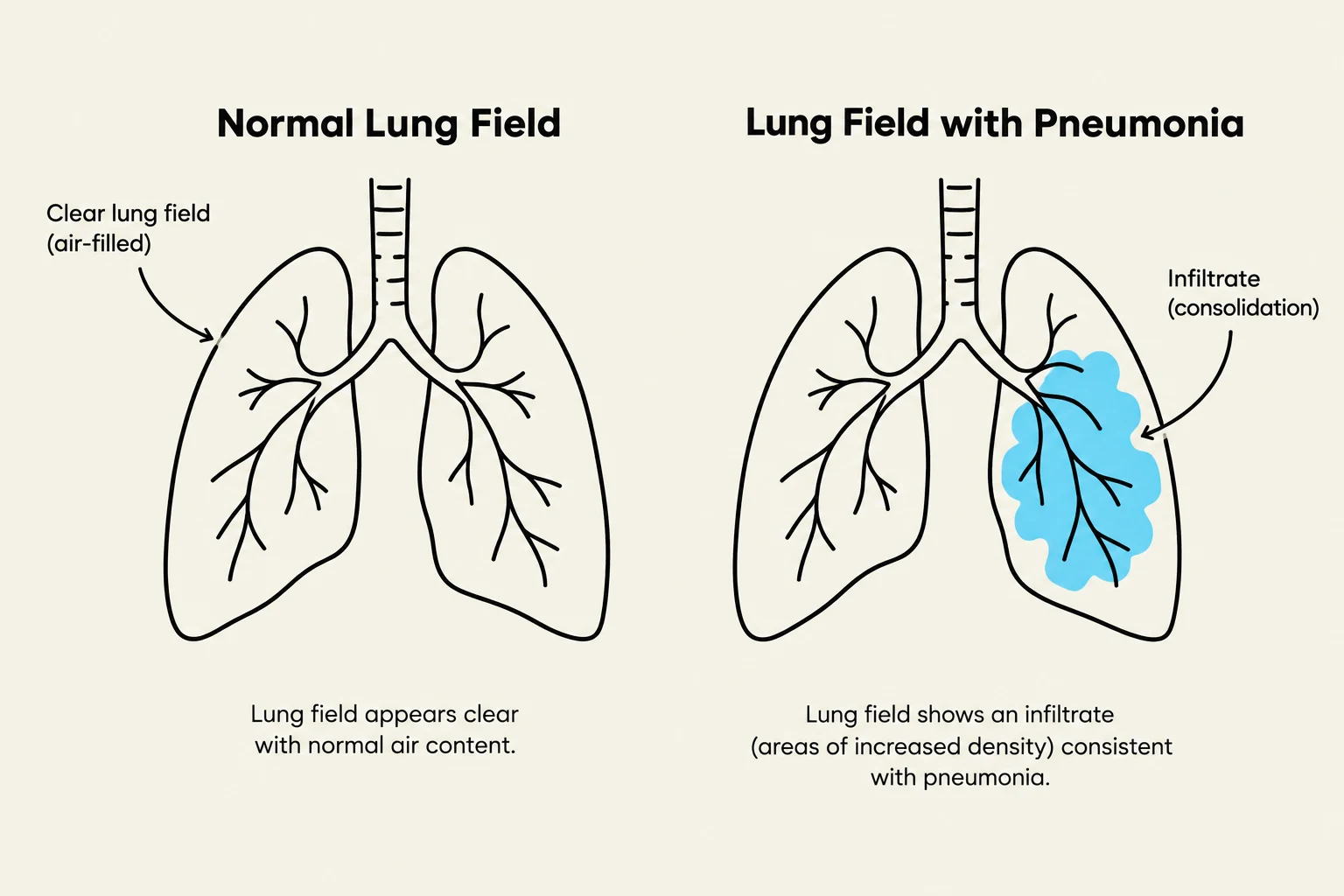 Comparison of a normal lung field with a lung field affected by pneumonia, illustrating the presence of an infiltrate.