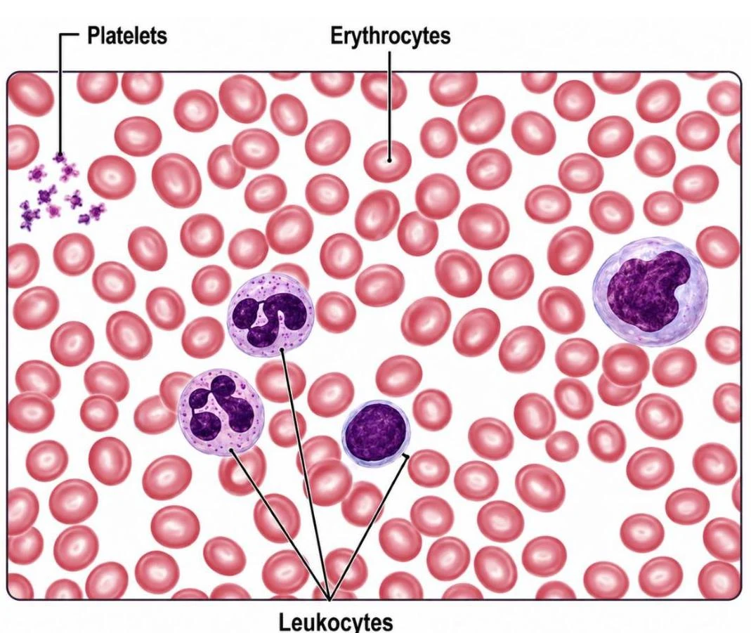Illustration of blood cells including erythrocytes, leukocytes, and platelets.