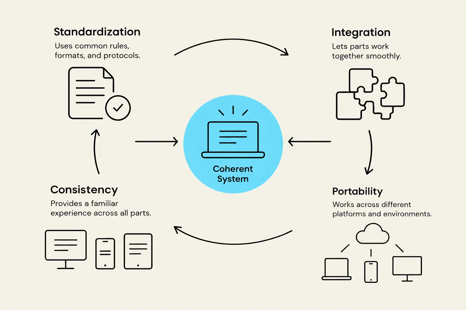 This diagram illustrates the key characteristics of a coherent system: Standardization, Integration, Portability, and Consistency.