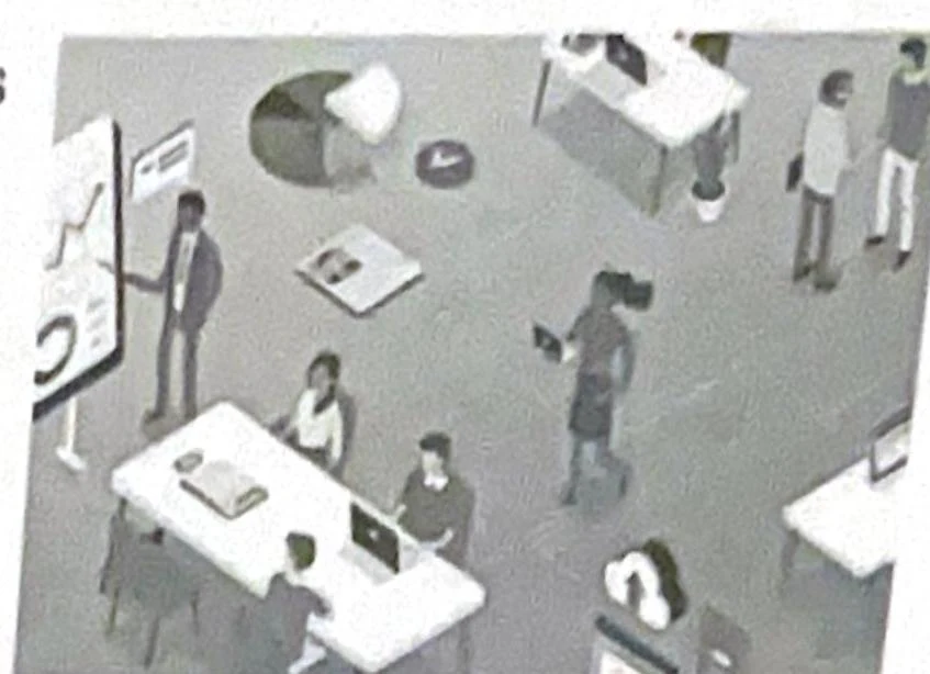An illustration depicting a business meeting with charts and data visualization.