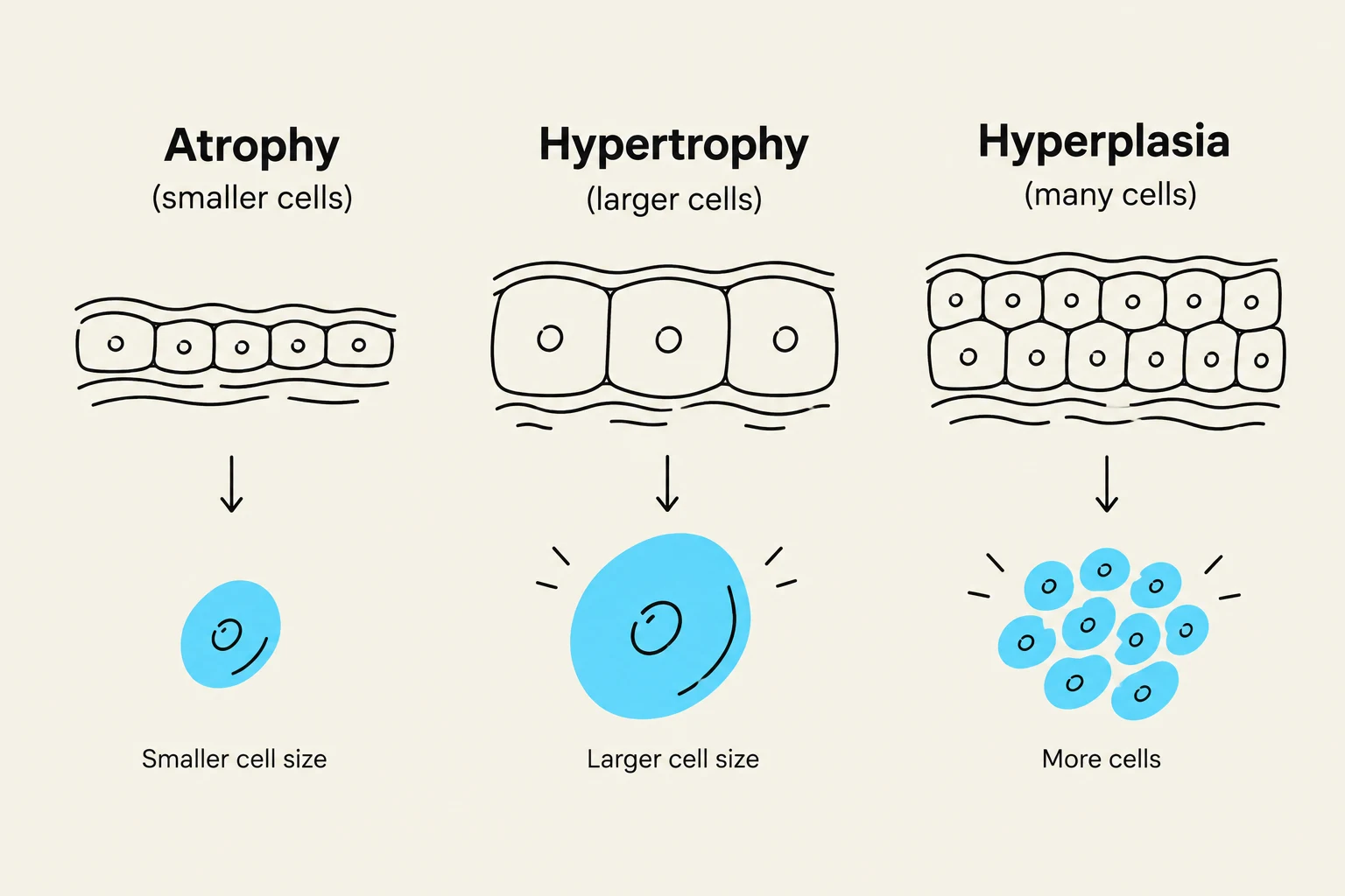 This diagram illustrates three cellular adaptations: atrophy (decrease in cell size), hypertrophy (increase in cell size), and hyperplasia (increase in cell number).
