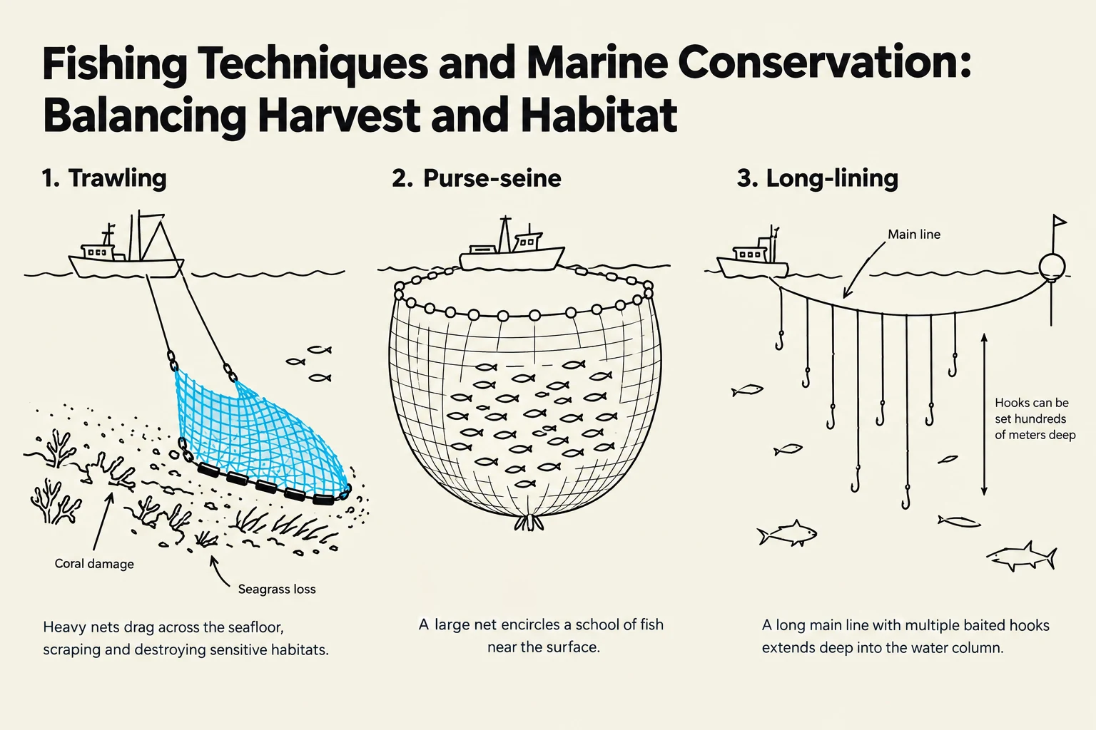 This illustration depicts three fishing techniques: trawling, purse-seine, and long-lining, highlighting their impact on marine habitats and conservation.