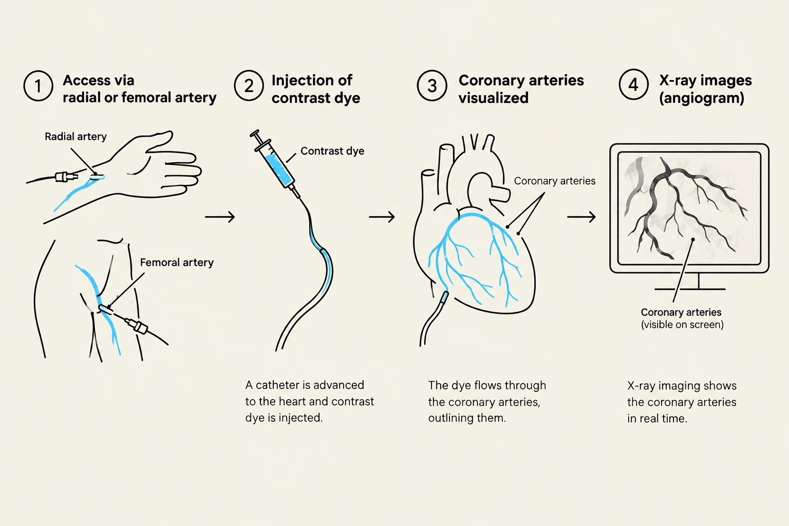 This diagram illustrates the process of coronary angiography, a medical imaging technique used to visualize the coronary arteries. It begins with accessing an artery, typically the radial or femoral artery, followed by the injection of a contrast dye. This dye then flows through the coronary arteries, outlining them. Finally, X-ray images are taken, showing the coronary arteries in real time on a screen.