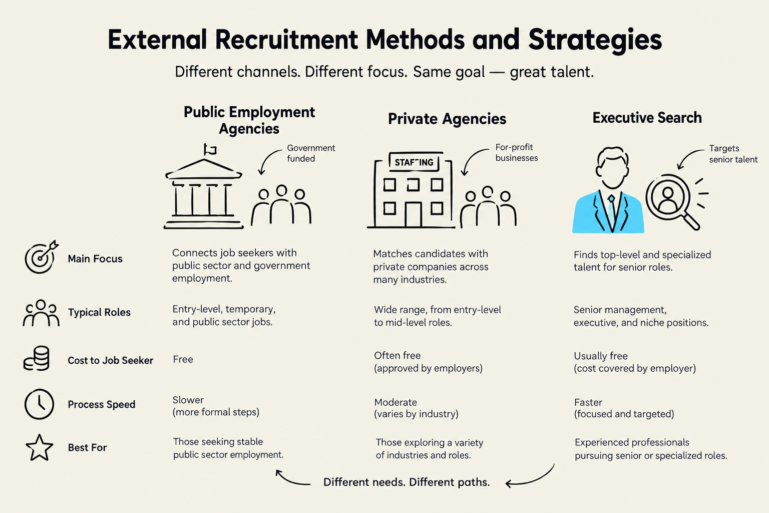 This diagram illustrates three external recruitment methods: Public Employment Agencies, Private Agencies, and Executive Search, detailing their main focus, typical roles, cost to job seekers, process speed, and best use cases.