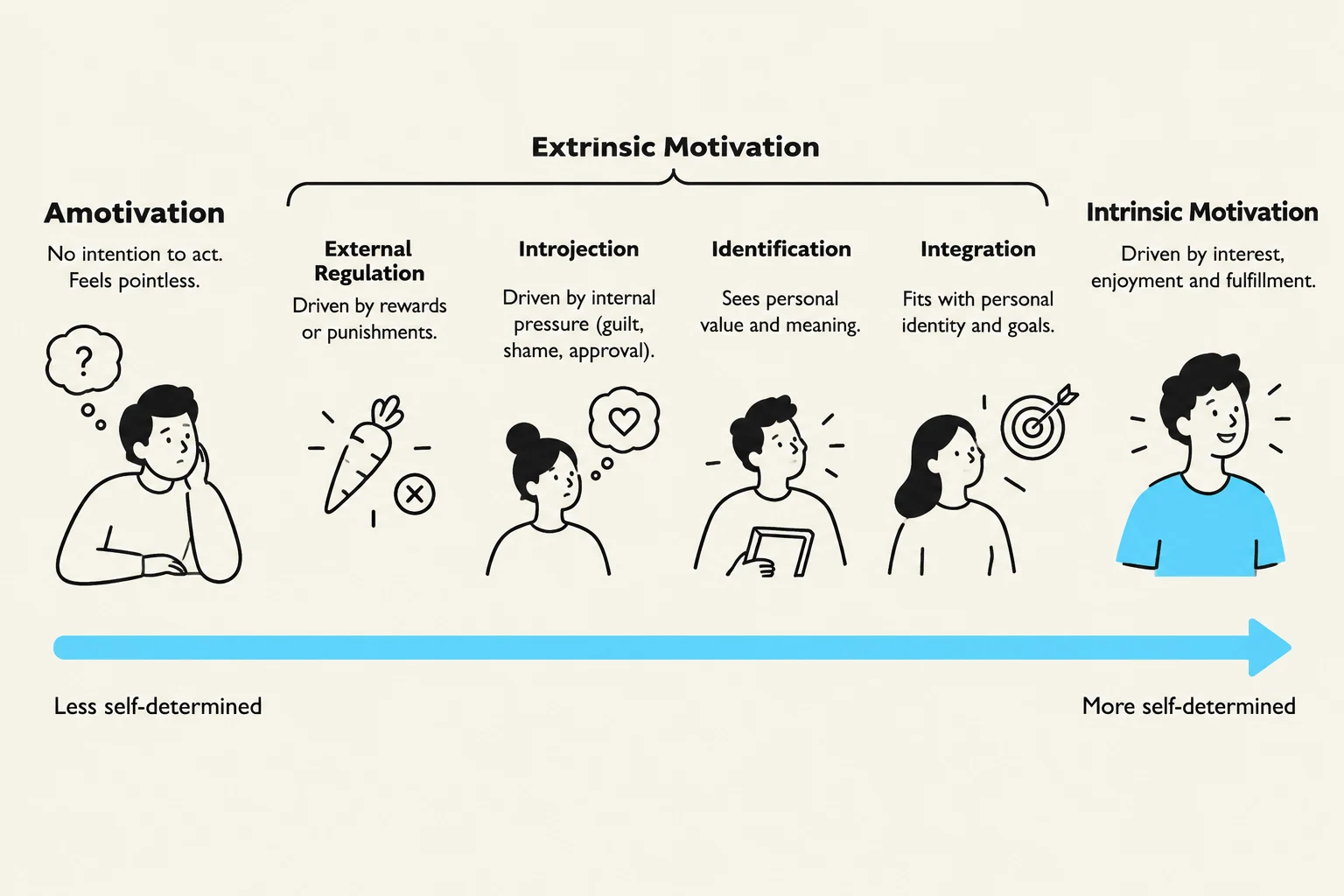 This diagram illustrates the spectrum of motivation, from amotivation to intrinsic motivation, with various stages of extrinsic motivation in between, showing the progression towards greater self-determination.
